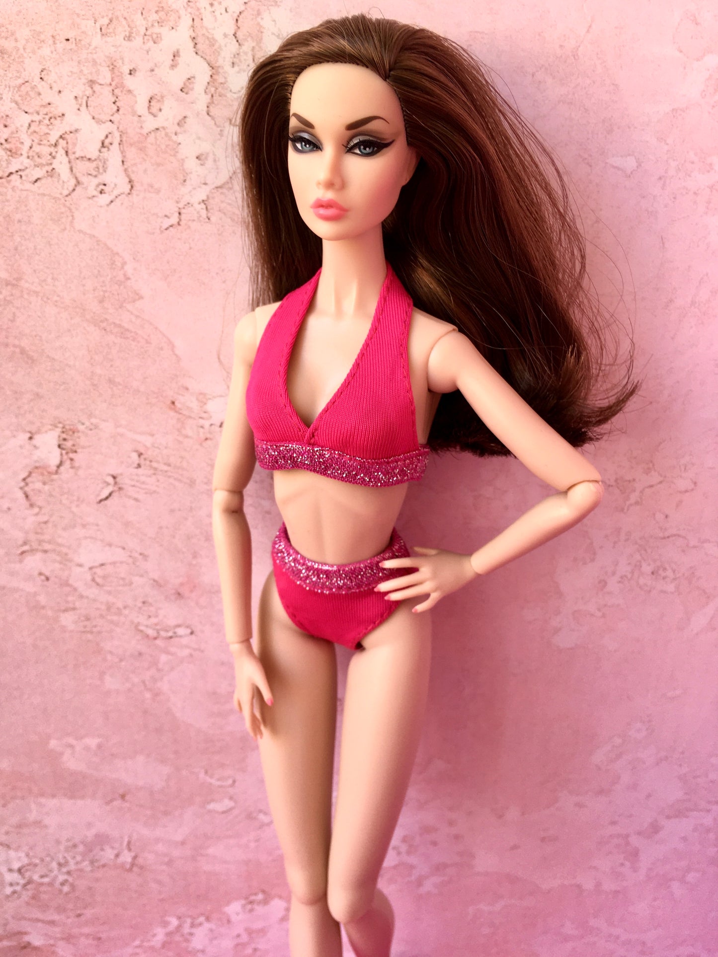 Hot Pink Bikini with sparkling hems for Poppy Doll, 12 Inch