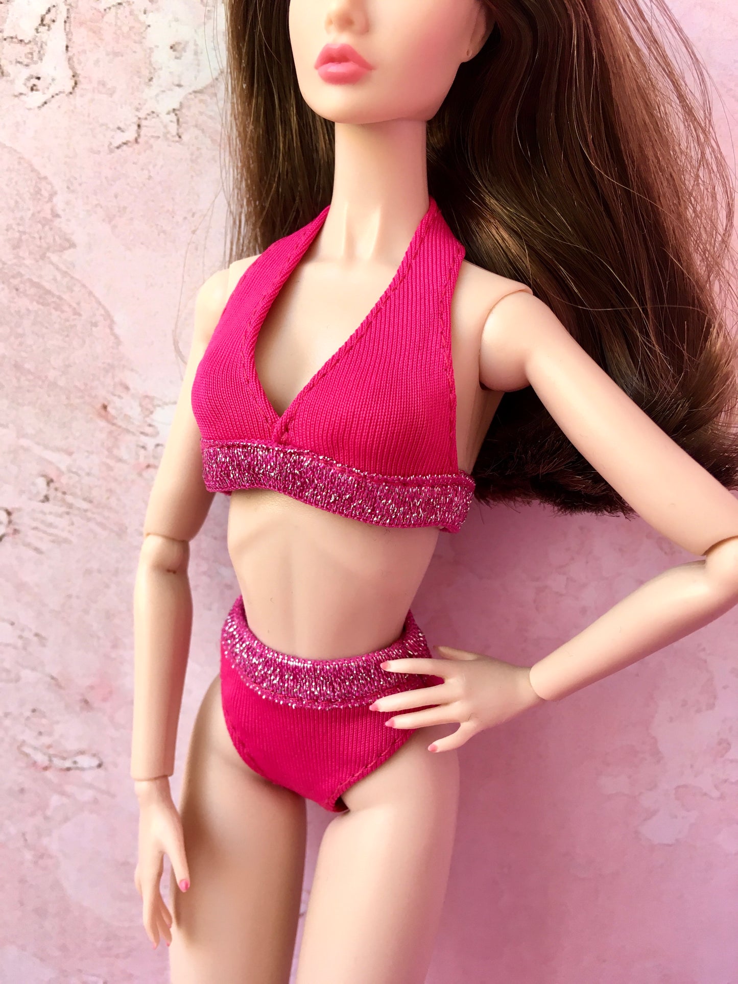 Hot Pink Bikini with sparkling hems for Poppy Doll, 12 Inch