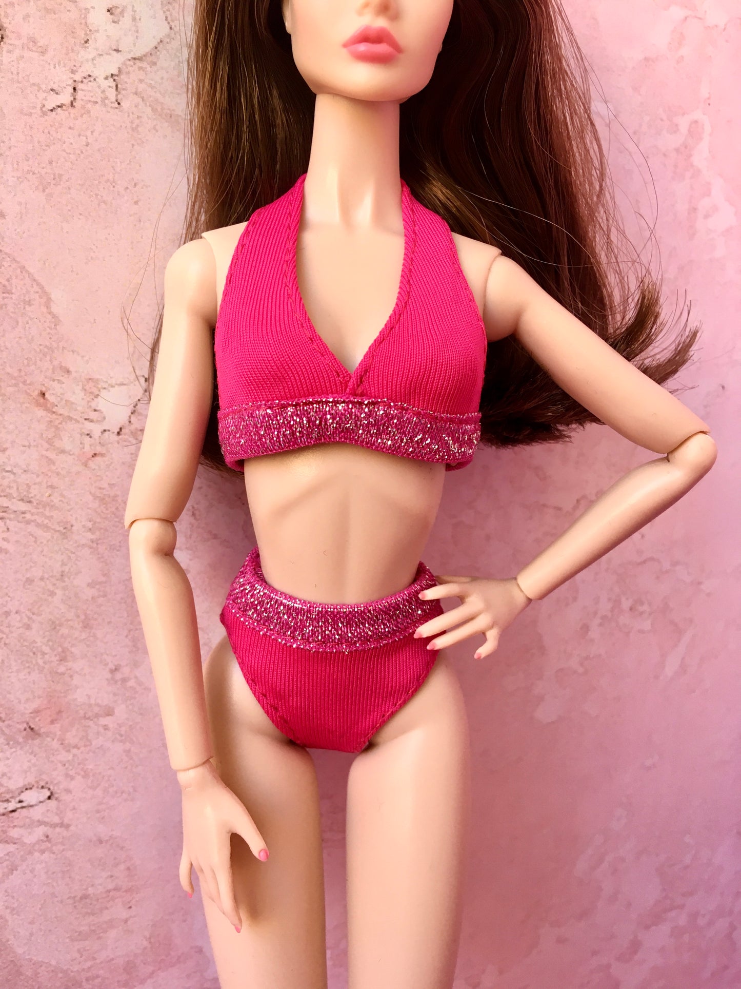 Hot Pink Bikini with sparkling hems for Poppy Doll, 12 Inch