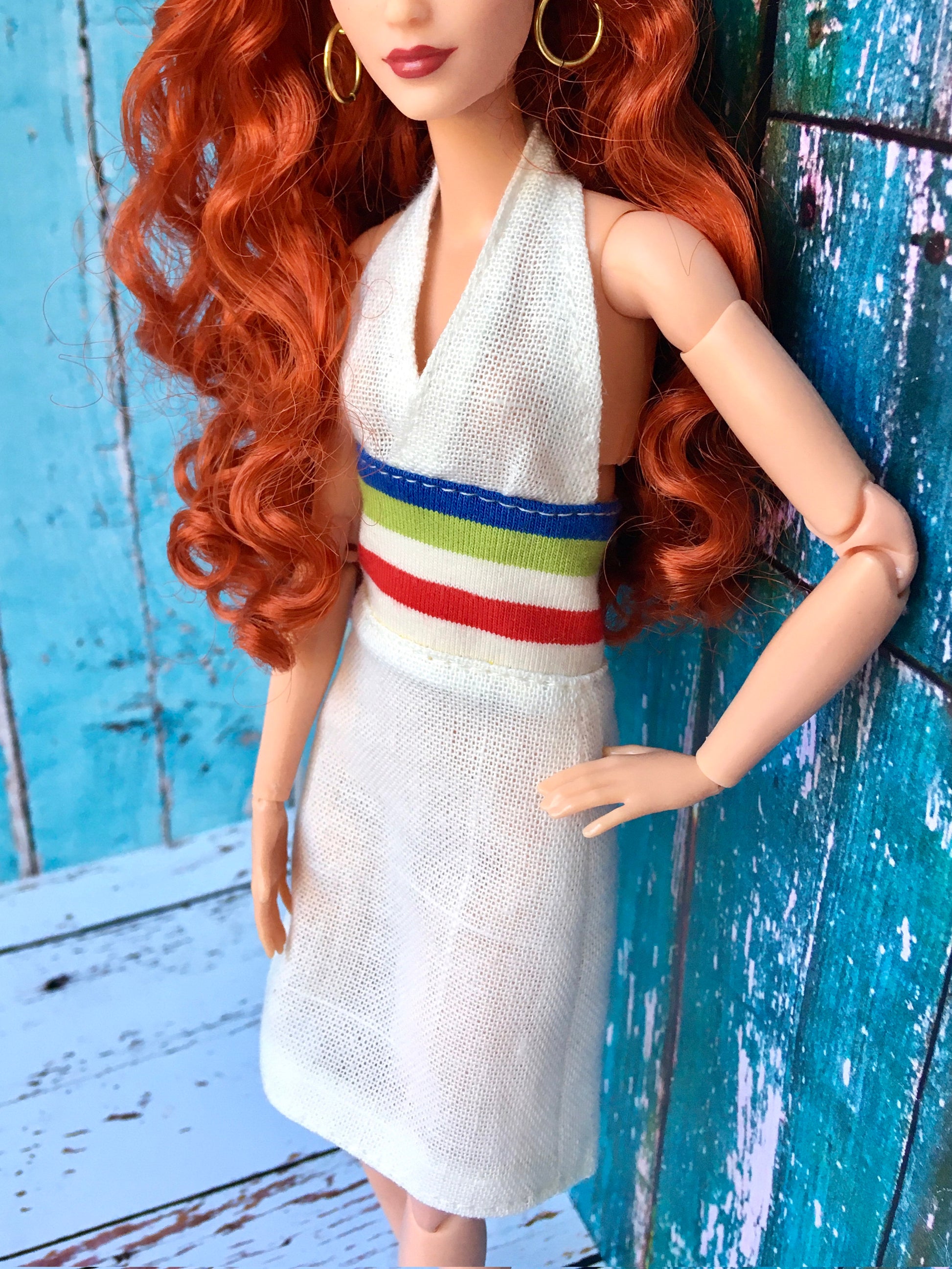 BQ-SYLIA – Ivory Halter Dress with Stripes for Dolls (11.5") - www.bouutique.com
