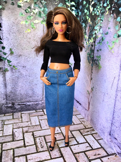 BQ-ALVI – Thin Denim Midi Skirt for 11" 1/6 Scale Curvy Fashion Dolls – 3 Colors
