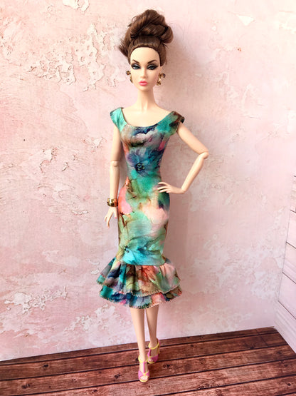 BQ-LARA – Floral Midi Dress with Mermaid Hem for 12" 1/6 Scale Fashion Dolls - www.bouutique.com