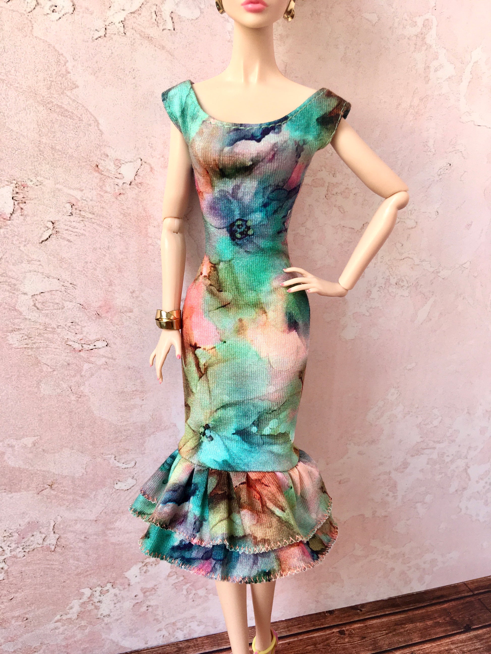 BQ-LARA – Floral Midi Dress with Mermaid Hem for 12" 1/6 Scale Fashion Dolls - www.bouutique.com