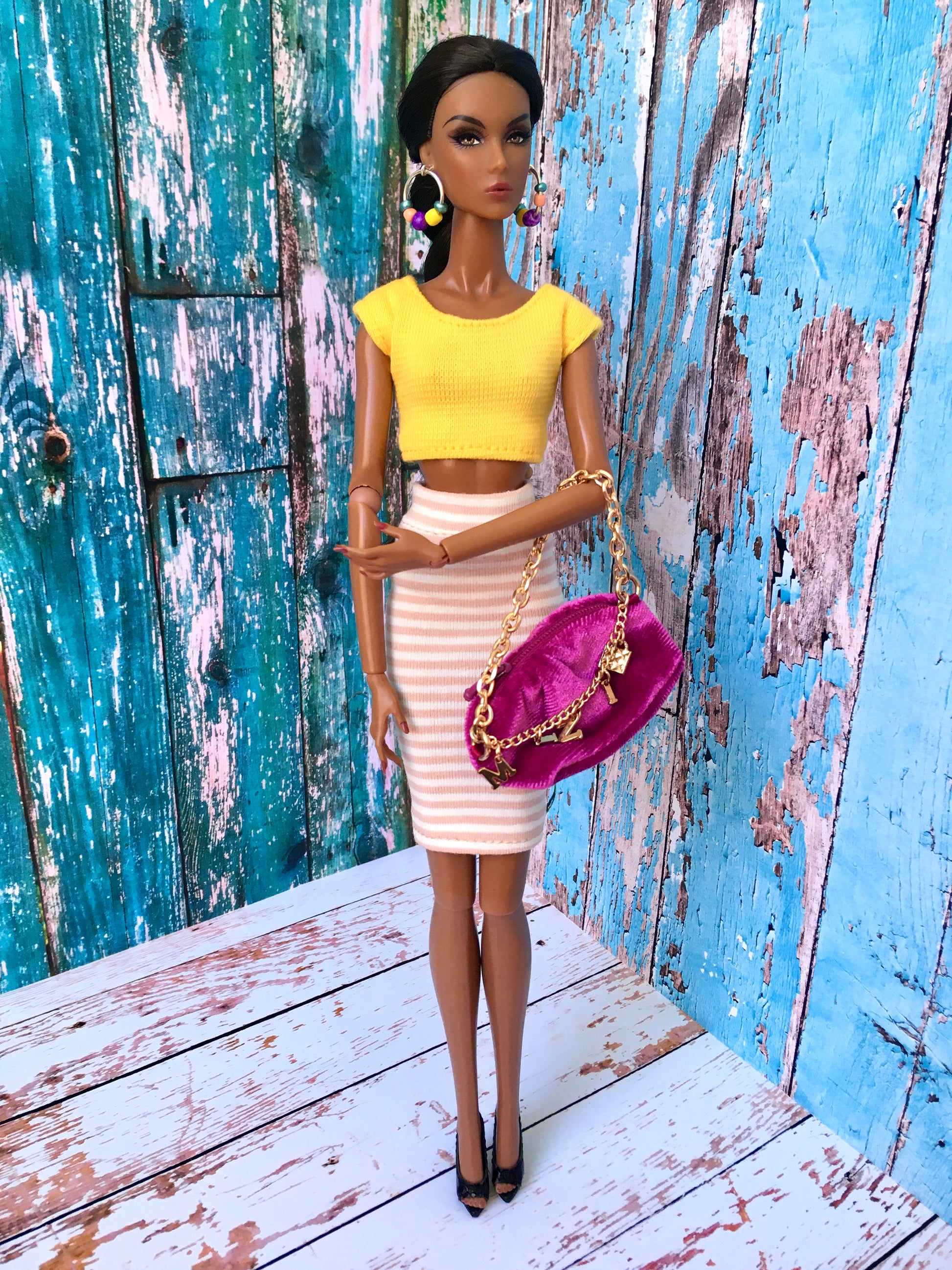 SANDY – Beige & White Striped Tube Midi Skirt for Fashion Dolls (12.5") - www.bouutique.com
