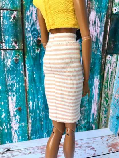 SANDY – Beige & White Striped Tube Midi Skirt for Fashion Dolls (12.5") - www.bouutique.com