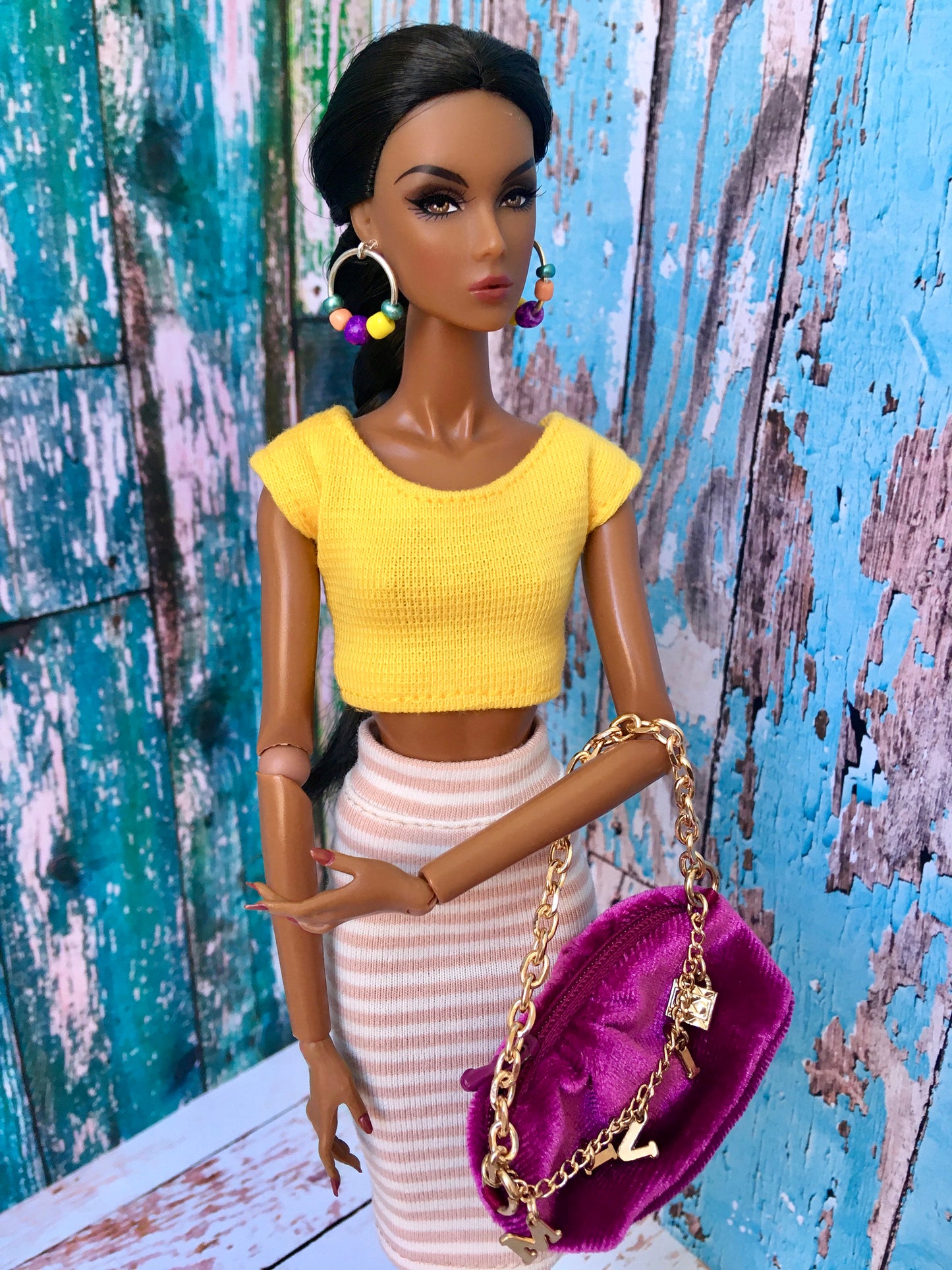 SANDY – Beige & White Striped Tube Midi Skirt for Fashion Dolls (12.5") - www.bouutique.com
