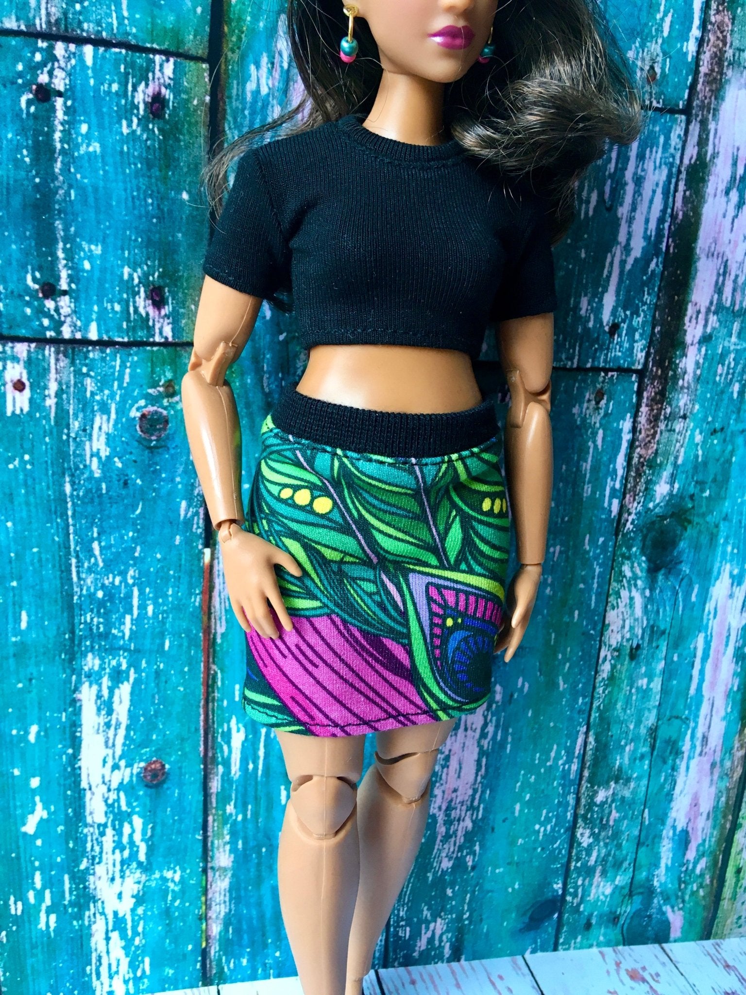 Foliage Colorful Print Skirt for Curvy Dolls 1/6-scale - Bouutique.com