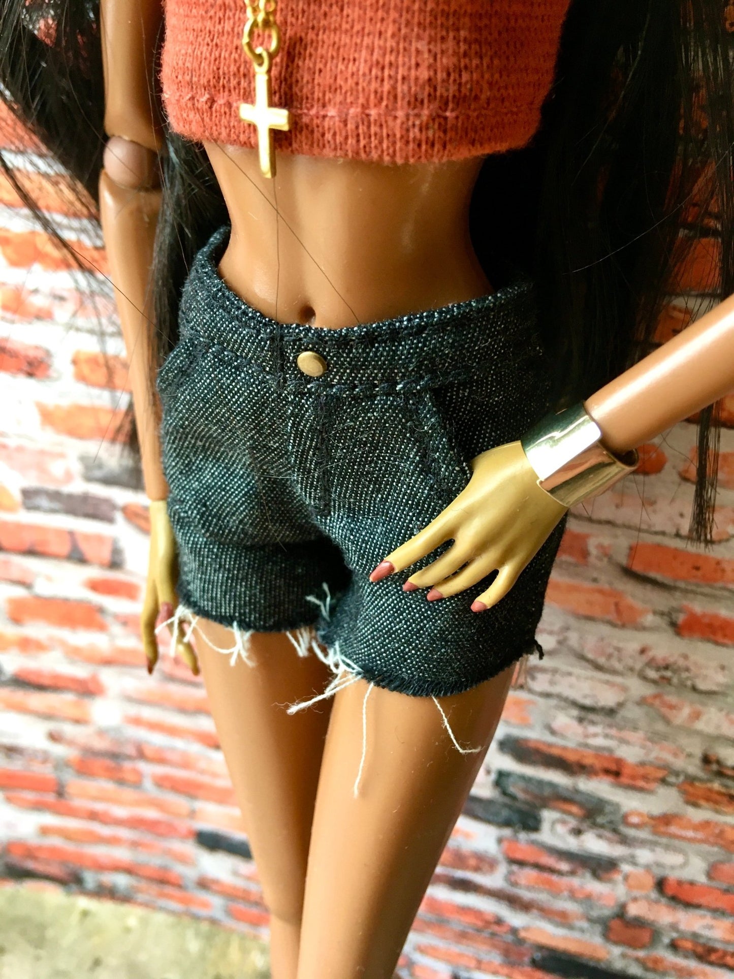 Gray Raw Hem Denim Shorts with back stitching for Nuface Integrity Toys Dolls - Bouutique.com